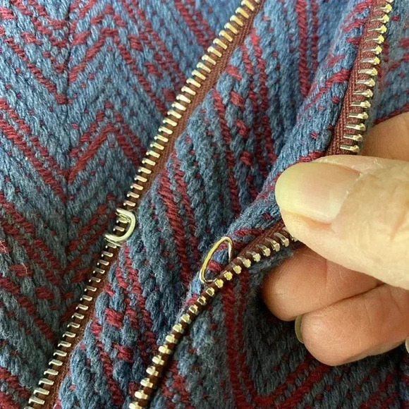 Sandro Paris Blue with Red Zig Zag Design Bolero Style Coat Jacket Blazer Size 8 - Picture 6 of 15